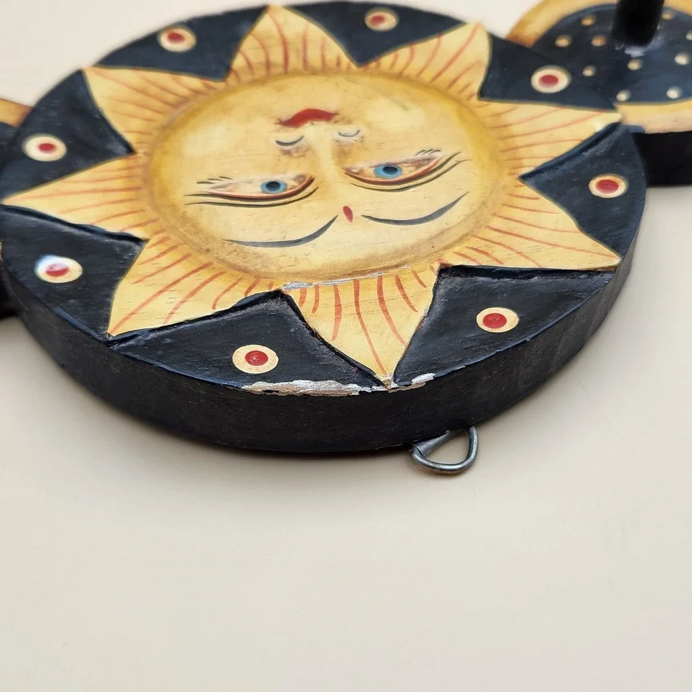 Vintage Celestial Moon Stars Sun Wooden Painted Key Coat Hook Wall Hanger Decor